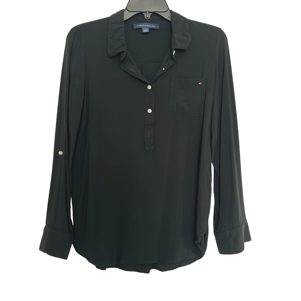 Tommy Hilfiger Blouse Roll Tab Sleeve Womens Medium Black Viscose Collared Top